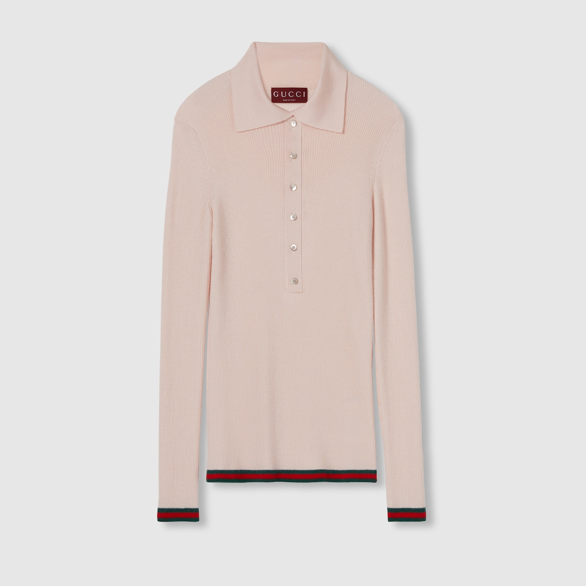 Cashmere and silk polo top with Web in pale pink | GUCCI® US