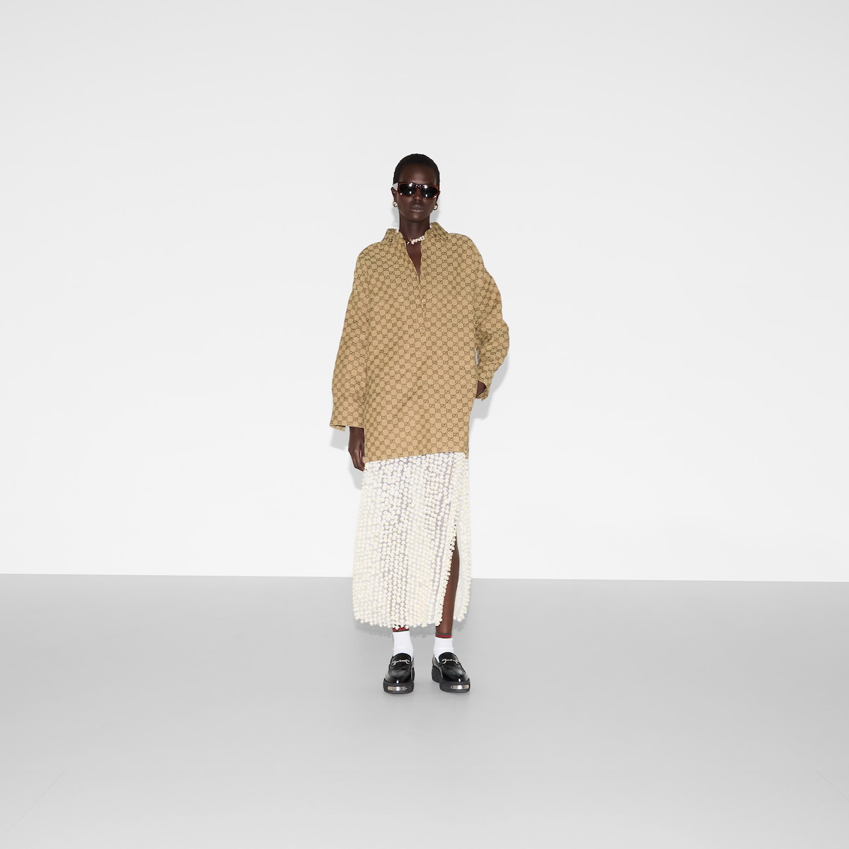 GG canvas shirt in camel and dark brown | GUCCI® US