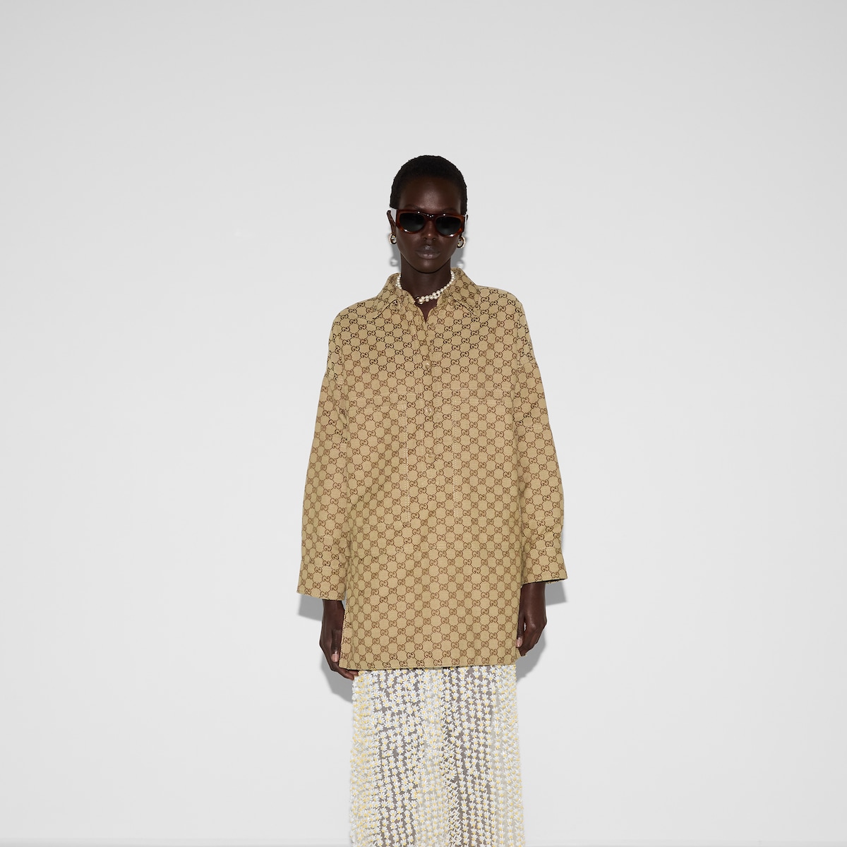GG canvas shirt in camel and dark brown | GUCCI® US