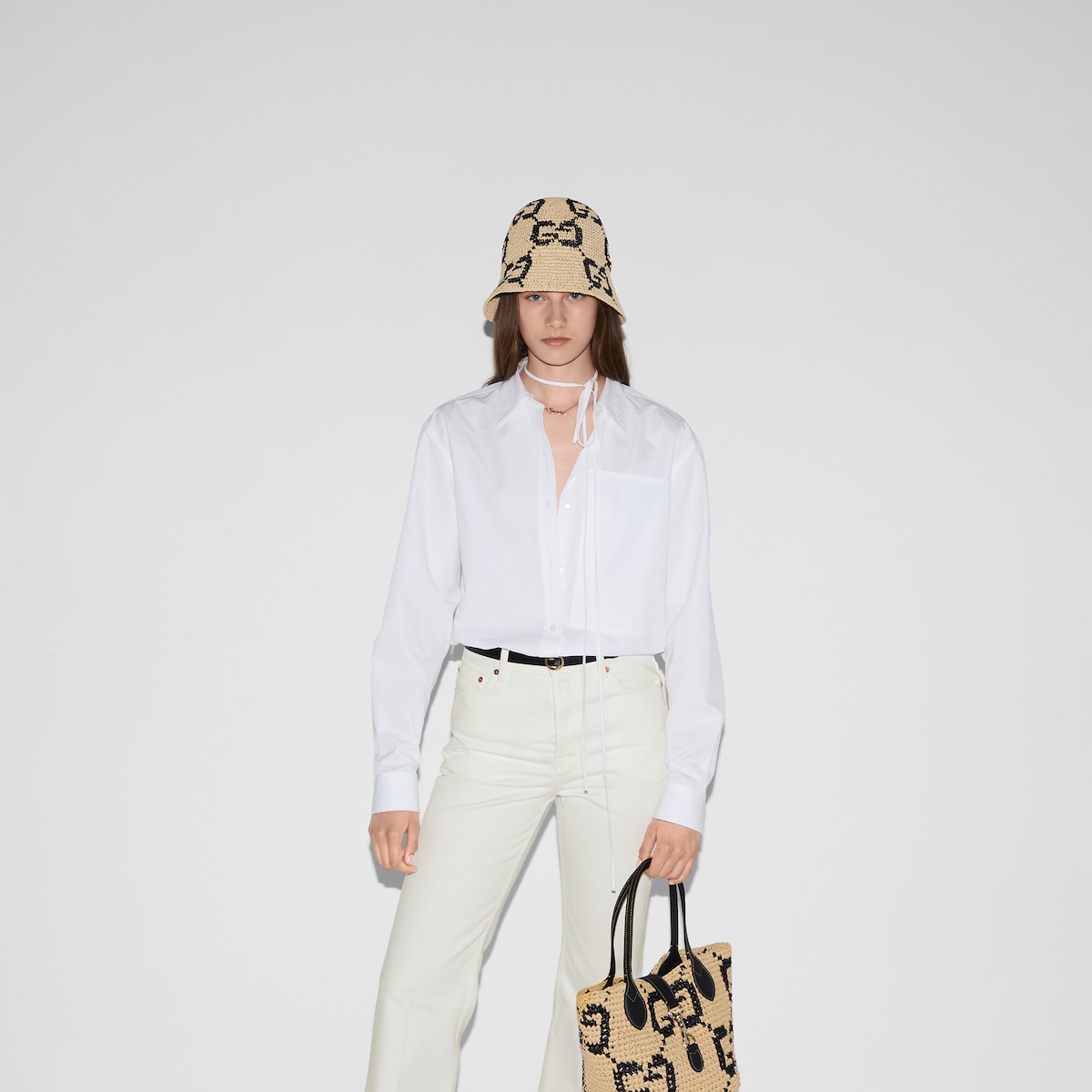 Embossed cotton poplin shirt in white | GUCCI® US Embossed cotton poplin shirt in white | GUCCI® US