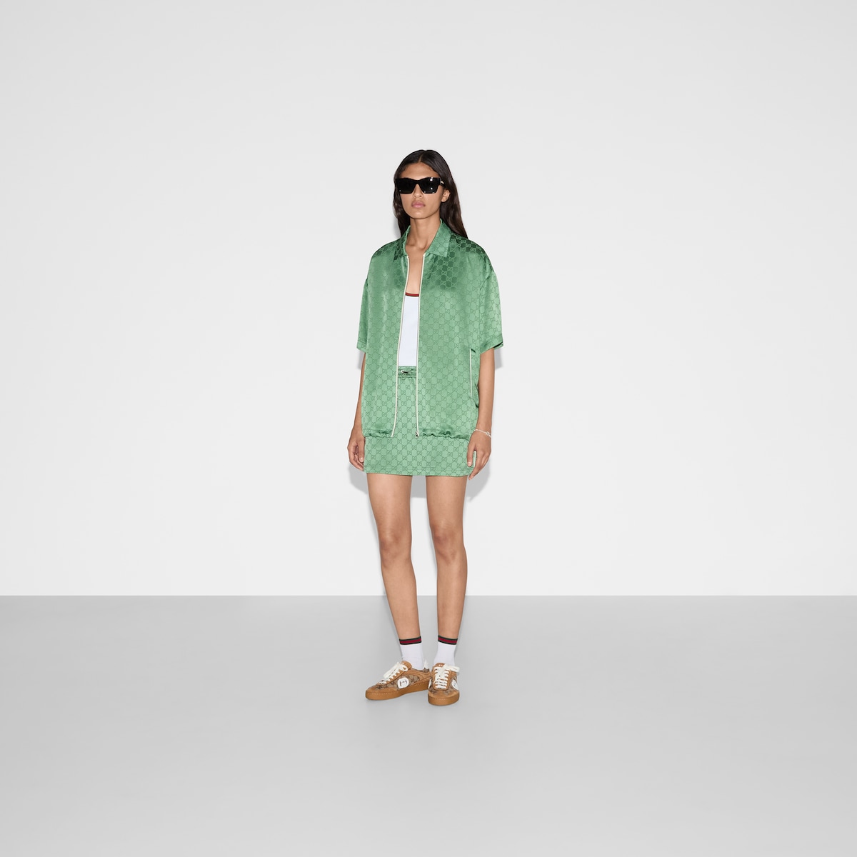 Relaxed fit GG satin zip shirt