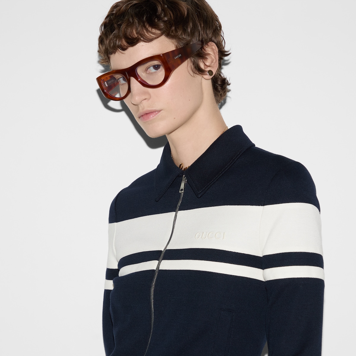 Cotton jersey jacket with embroidery in dark blue and white