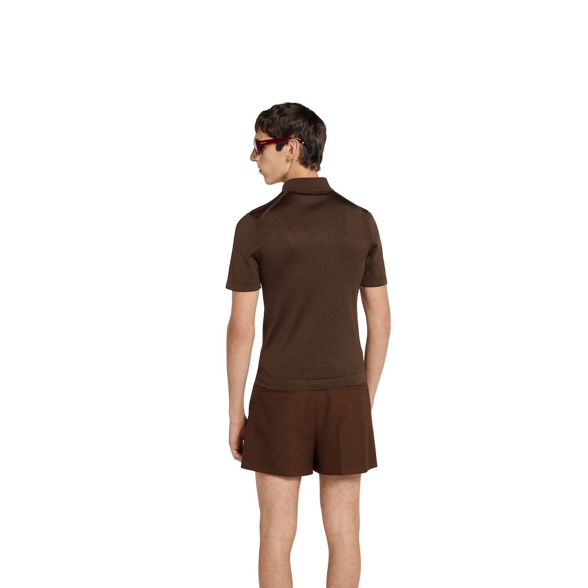Fine silk knit polo top with intarsia in dark brown | GUCCI® US