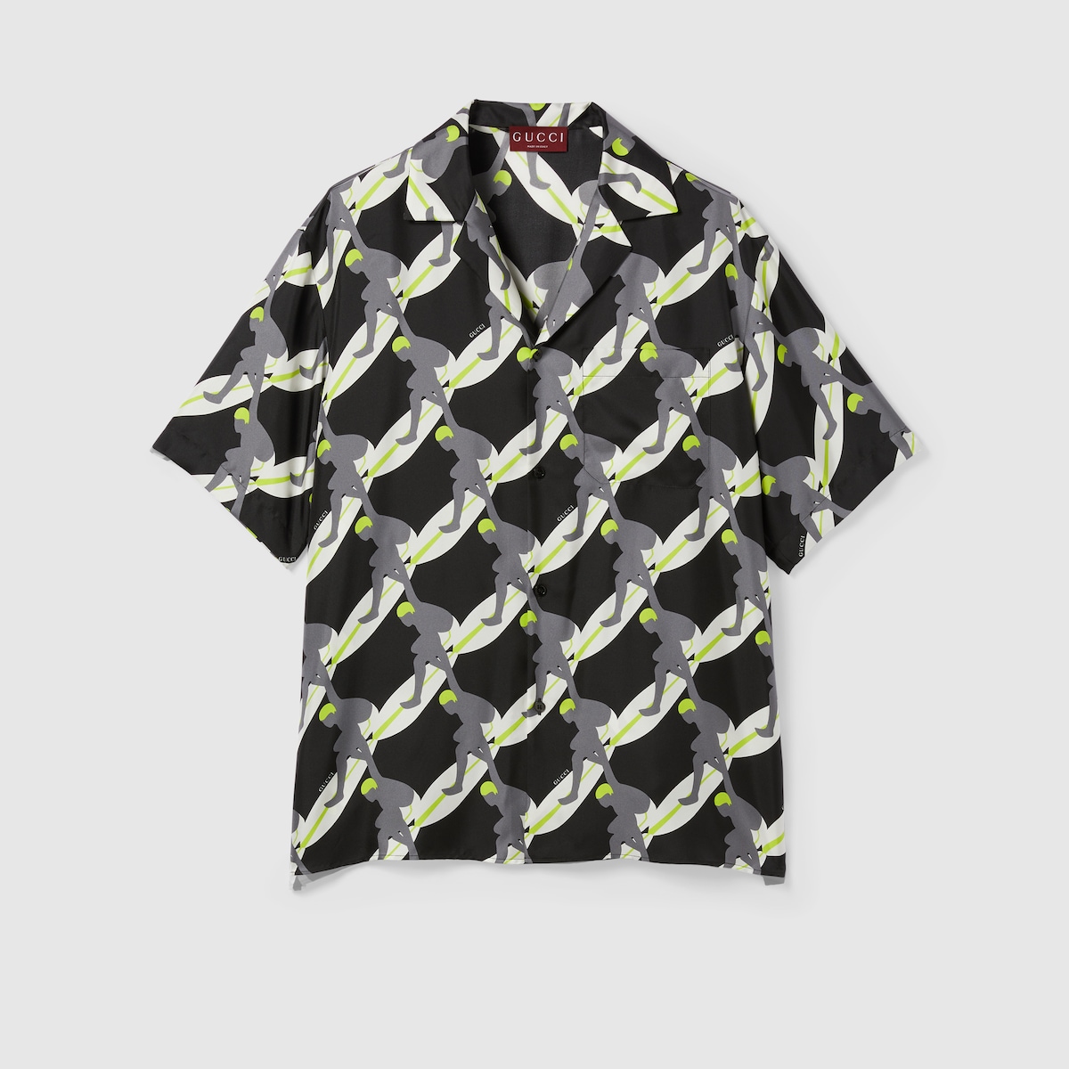 Printed silk bowling shirt in black, white and green | GUCCI® US