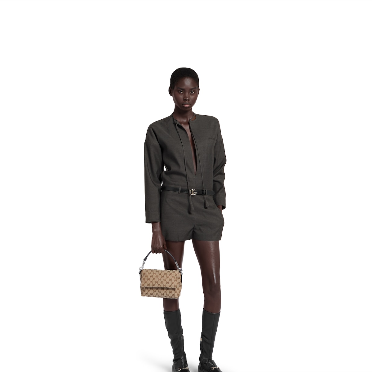 Small GG crossbody bag with Web in beige and dark brown