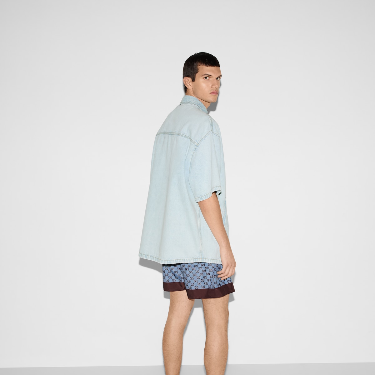Lasered denim shirt in light blue | GUCCI® US
