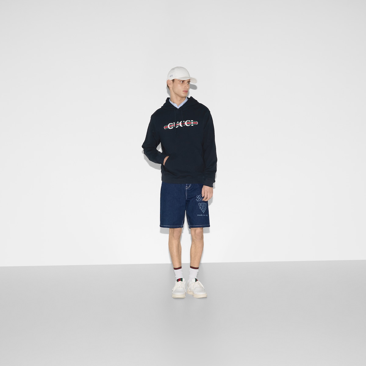 Printed cotton jersey hooded sweatshirt in navy | GUCCI® US