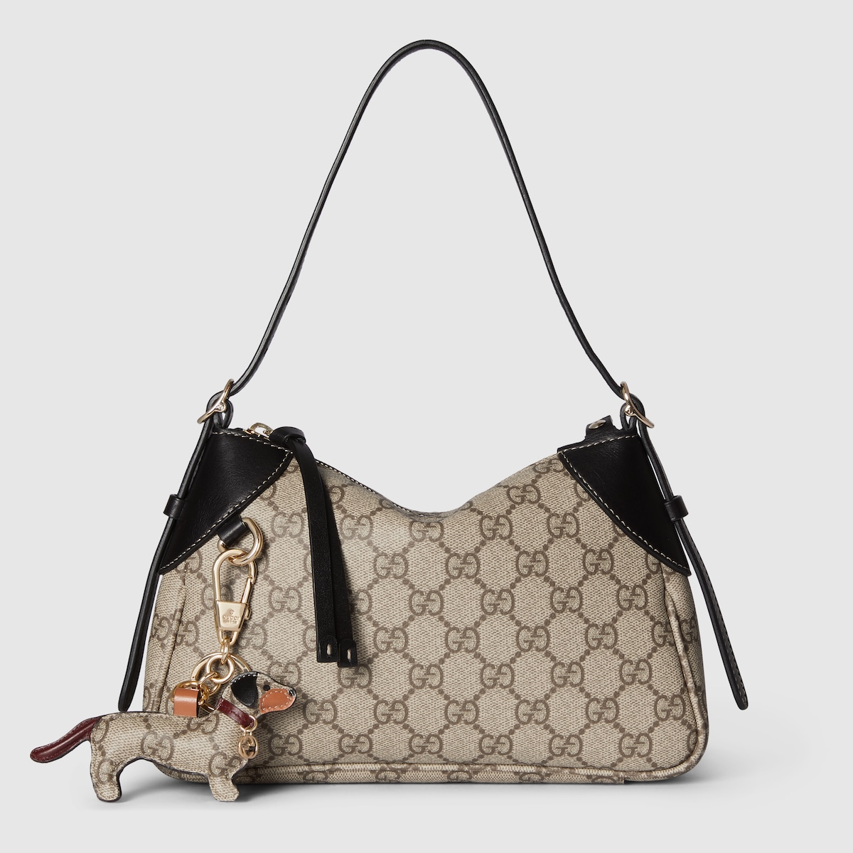 GG Emblem small shoulder bag in beige and dark brown fabric