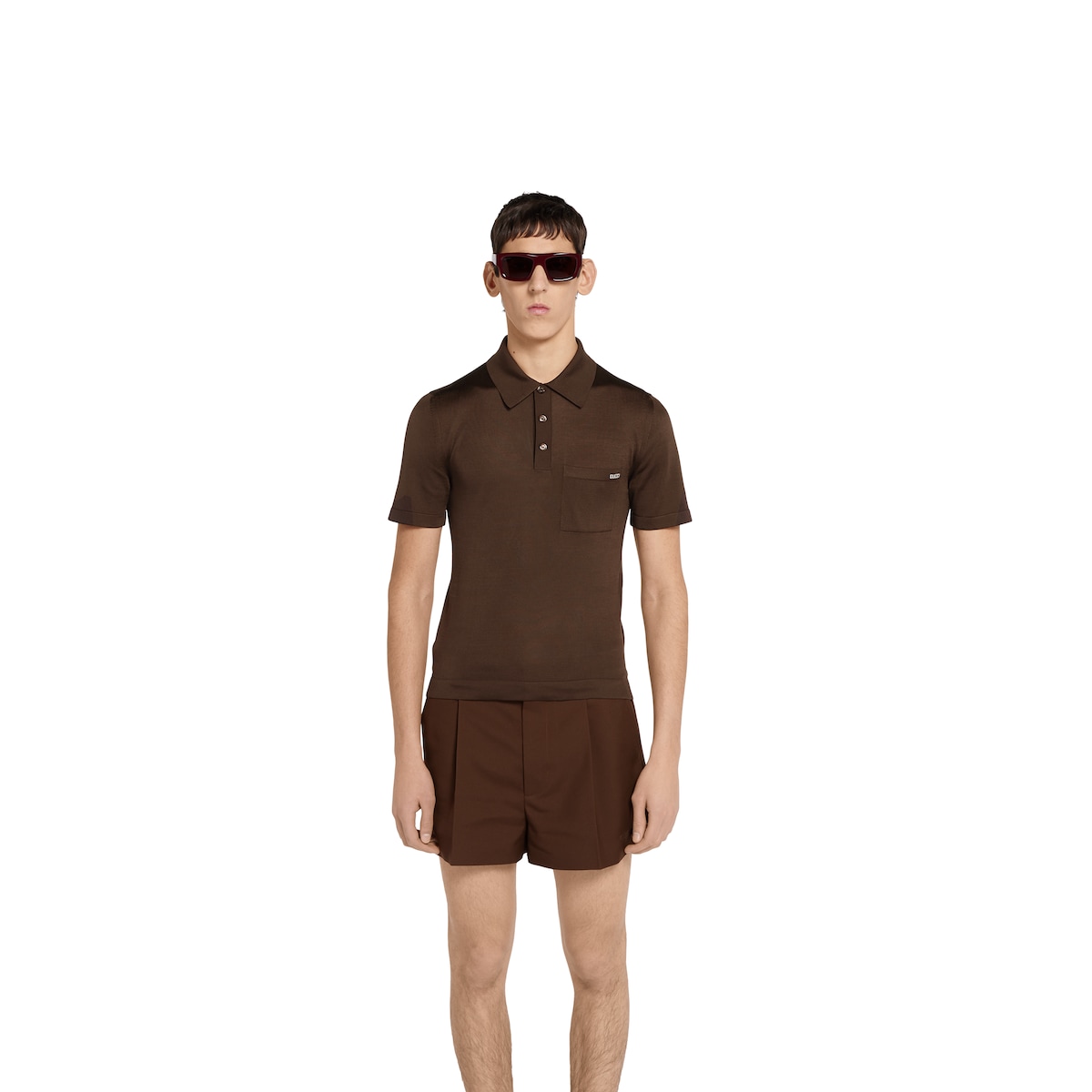 Fine silk knit polo top with intarsia in dark brown | GUCCI® US
