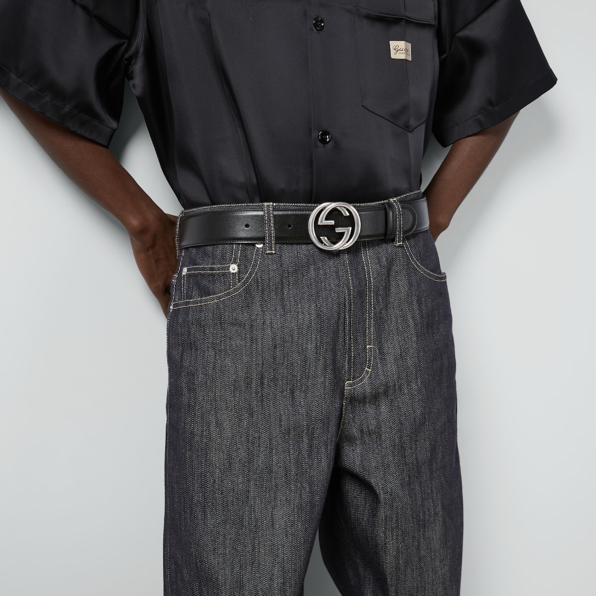 Belt with Interlocking G buckle in black leather | GUCCI® US