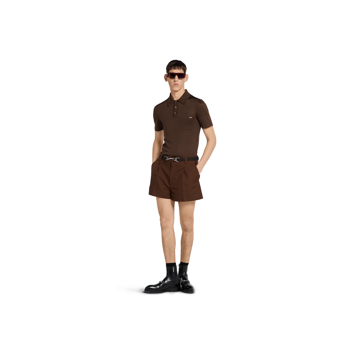 Fine silk knit polo top with intarsia