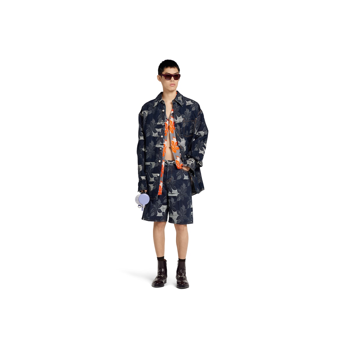 Cotton denim floral jacquard shirt in dark blue | GUCCI® US