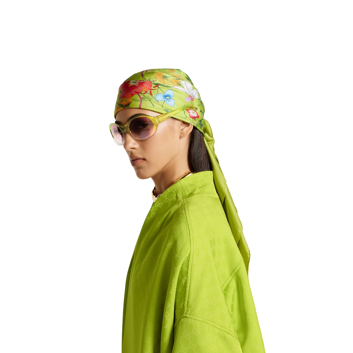 Printed Flora silk twill carré in acid green and multicolor