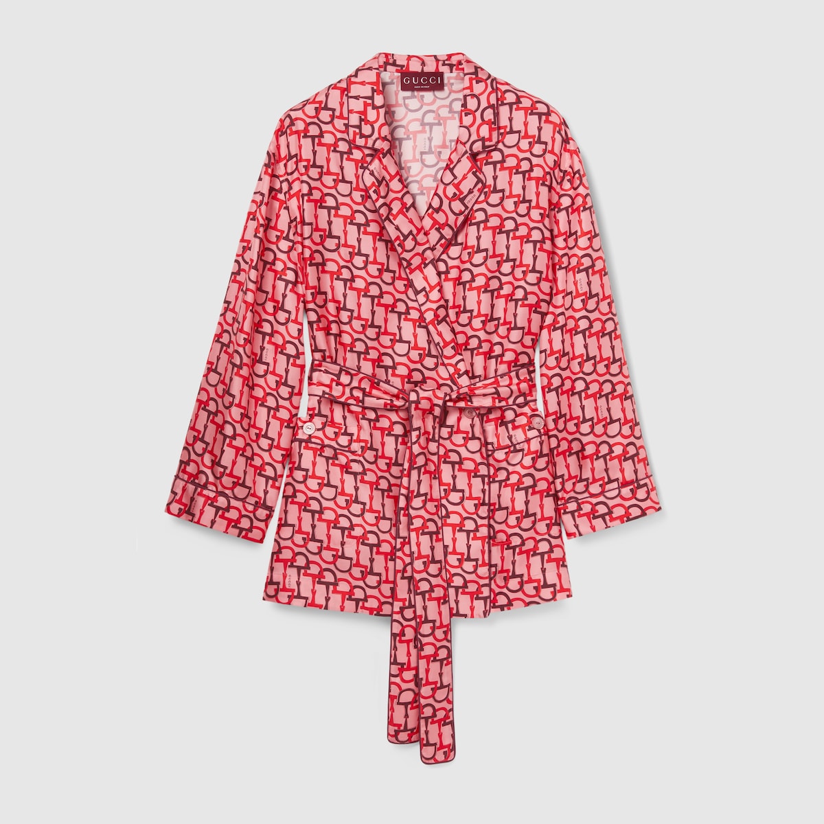 Printed silk shirt with self-tie in pink and Rosso Ancora