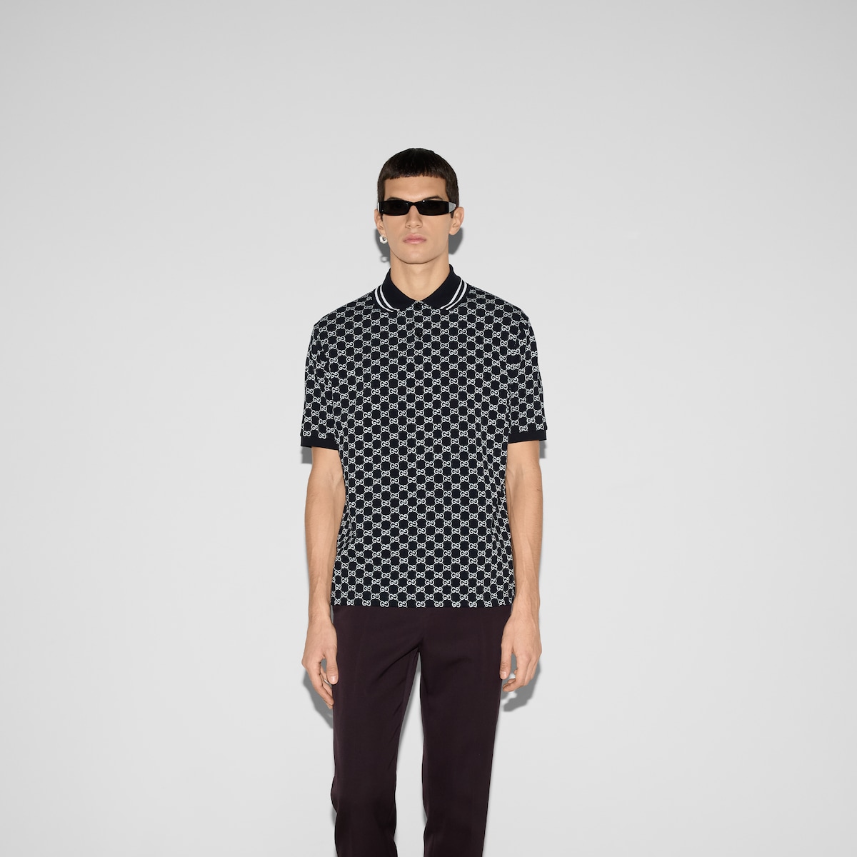 GG cotton piquet jacquard polo shirt in black and grey - thumbnail 6