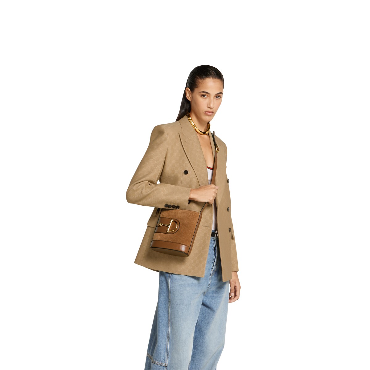 73 SMALL BUCKET BAG 20 IN BROWN SOFT SUEDE AND CALFSKIN