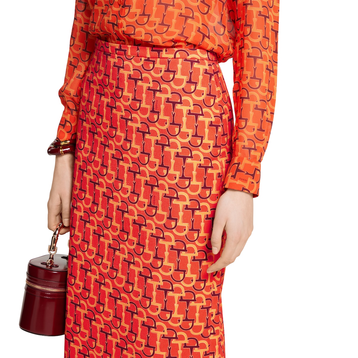 Printed cotton mid-length skirt in orange and Rosso Ancora
