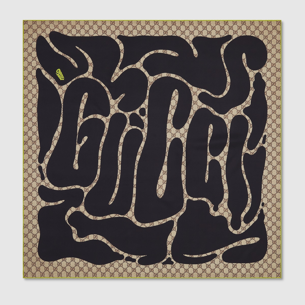 【GUCCI】PRINTED SILK CARRE●7862223G0012279 90 x 90 project printed silk carré in black and acid green