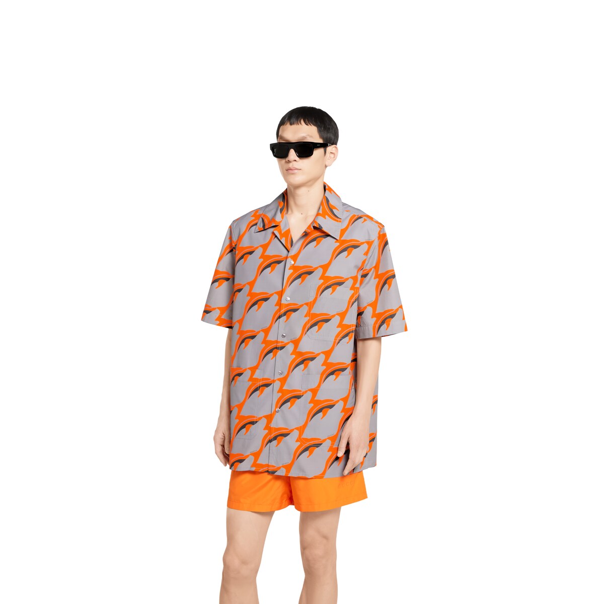 Printed light cotton poplin shirt in grey and orange | GUCCI® SI