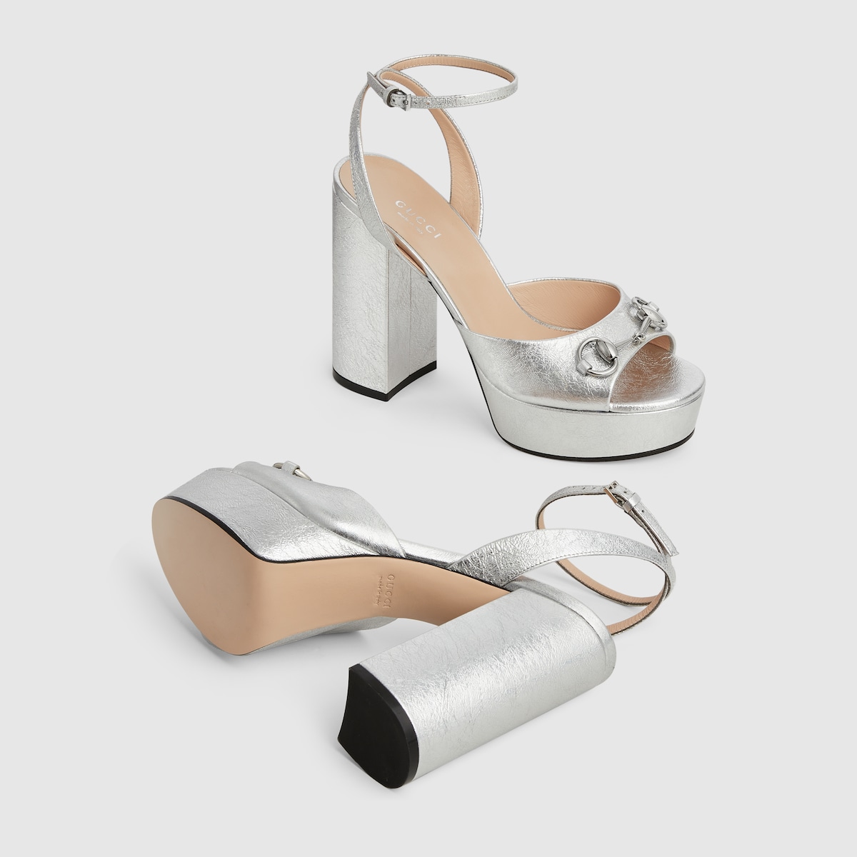 Women's Horsebit platform sandal in silver metallic leather Women's Horsebit platform sandal in silver metallic leather