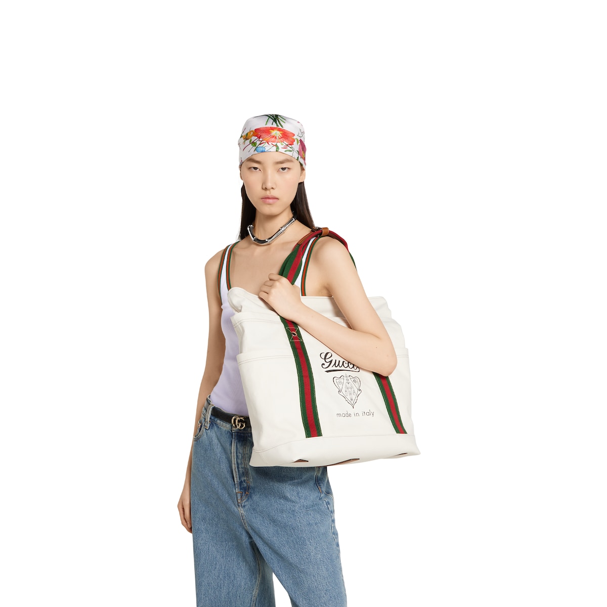 Medium printed canvas bag with Web in off white canvas
