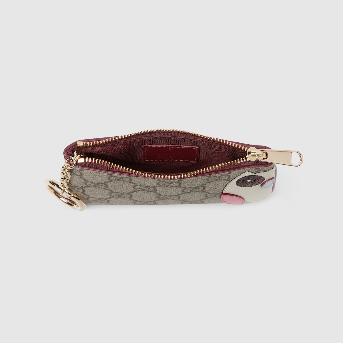 GG key case with owl detail in beige and dark brown fabric