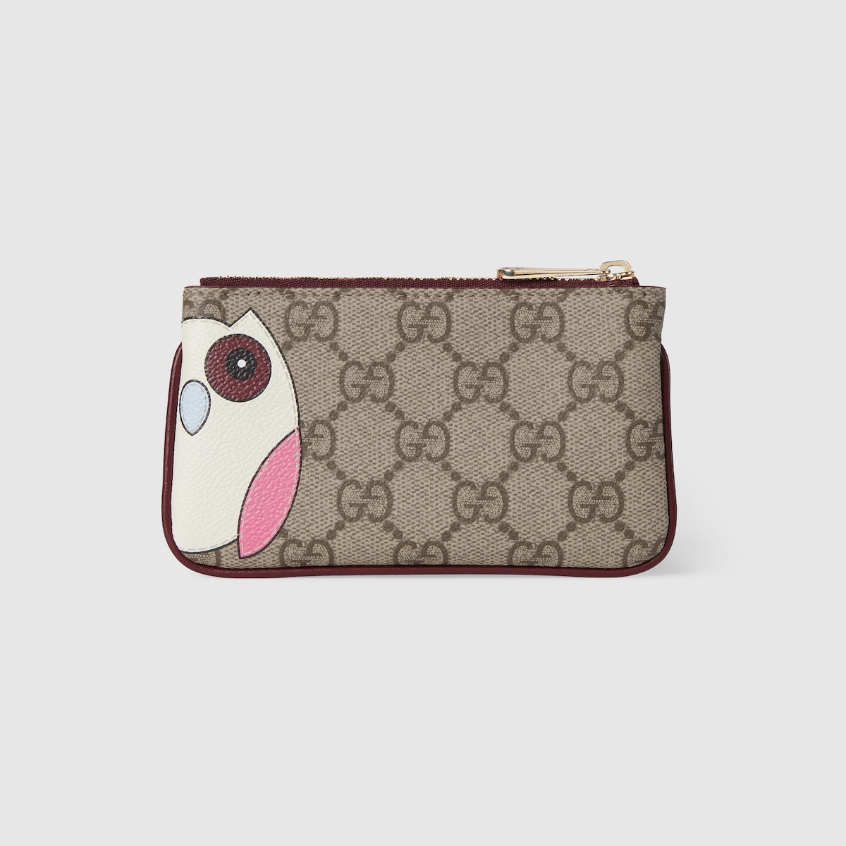 GG key case with owl detail in beige and dark brown fabric