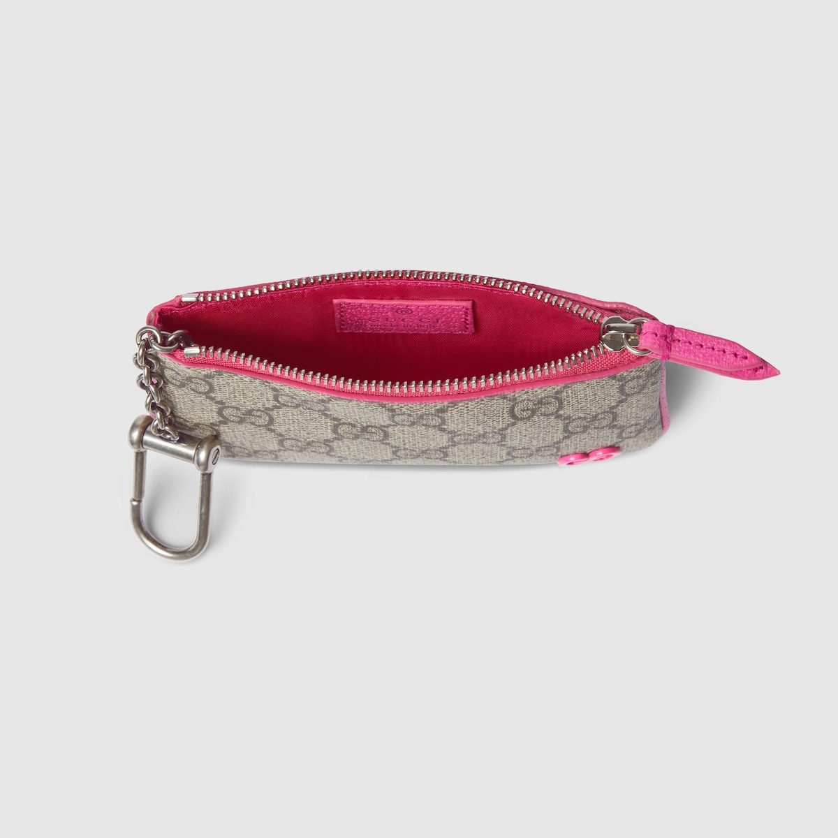 Bright pink trim key pouch in beige and dark brown Supreme | GUCCI® US