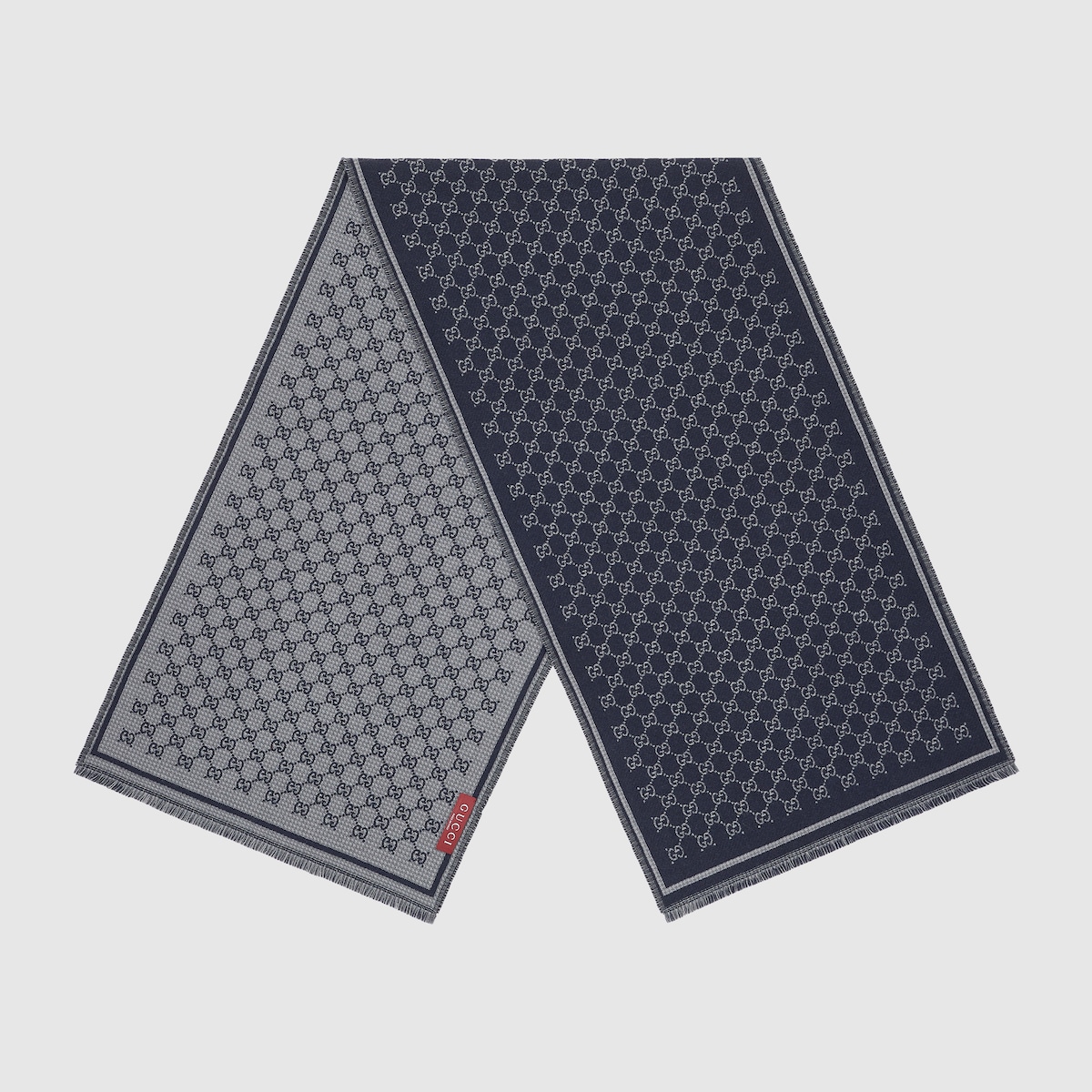 GUCCIダブルジャカードGGウールスカーフ GG wool jacquard scarf in dark blue and grey | GUCCI® US