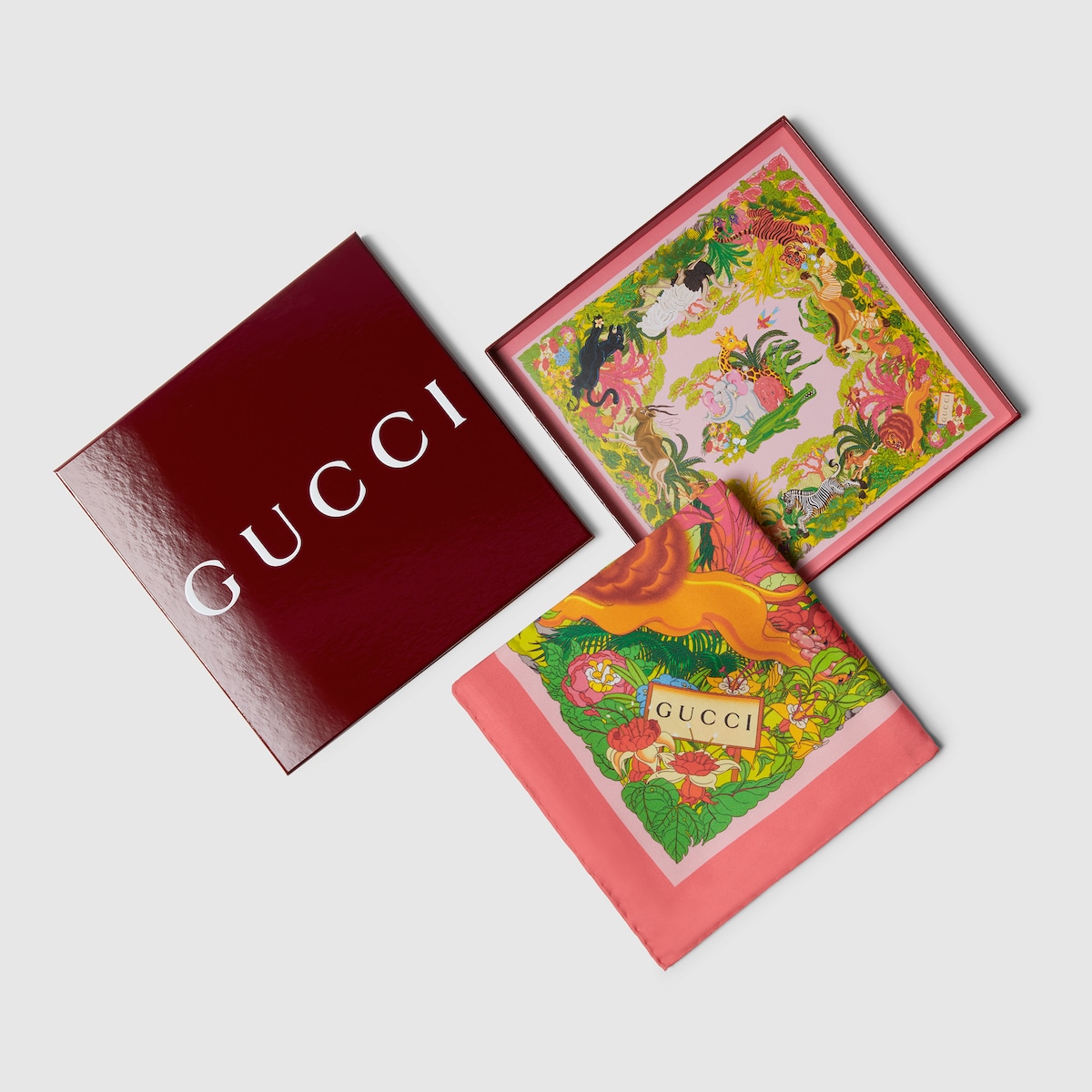 90 x 90 project printed silk carré in pink and multicolor