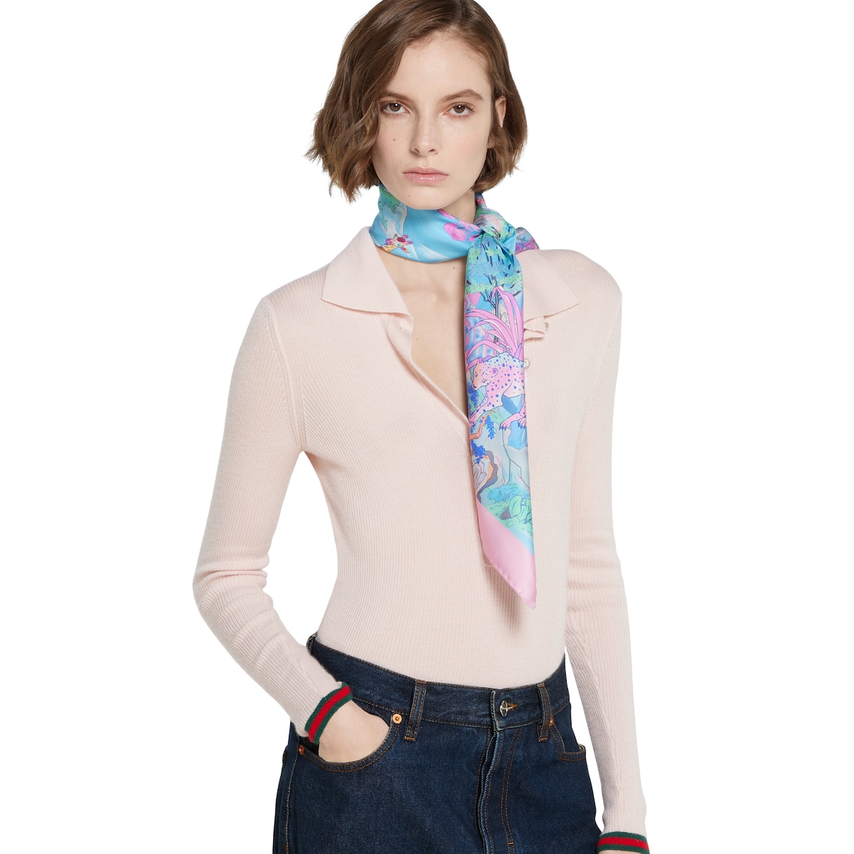 90 x 90 project printed silk carré in light blue and pink
