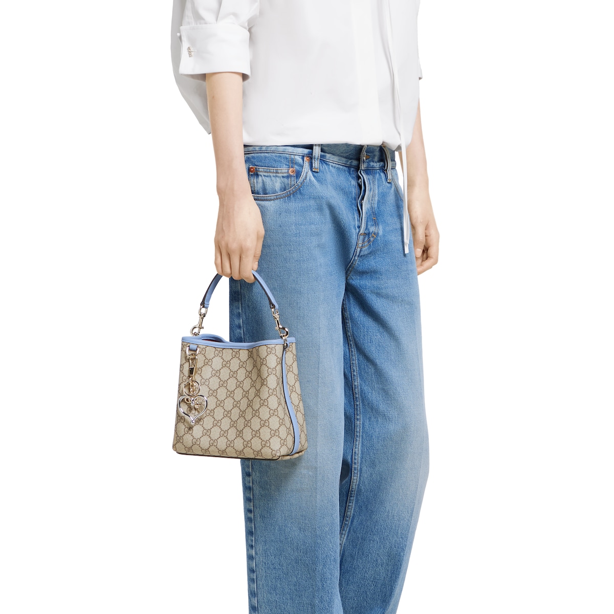 【GUCCI】HANDBAG NEW LINE ARABELLA CALF◆815118AAEC2 GG Emblem small bucket bag in beige and dark brown fabric