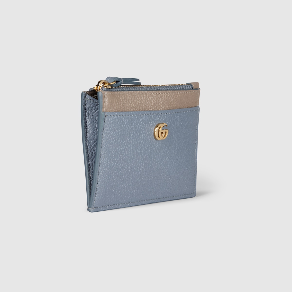 Bi-color GG Marmont zip key pouch in light blue and beige leather