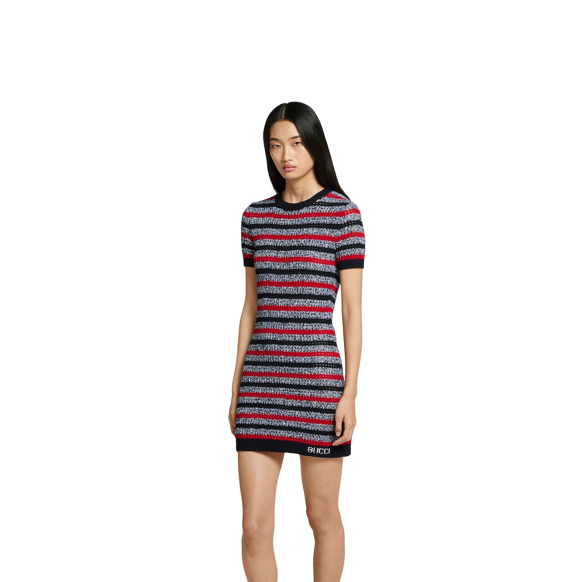 Striped fine cotton knit dress in navy and red | GUCCI® US