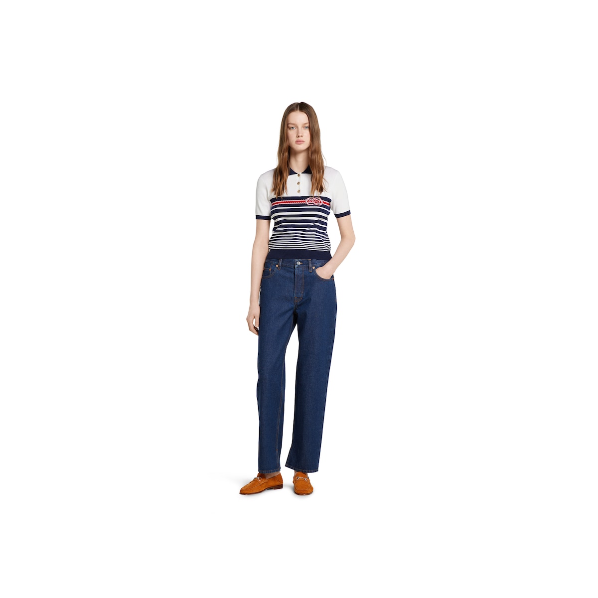 Cotton stitch polo top with intarsia
