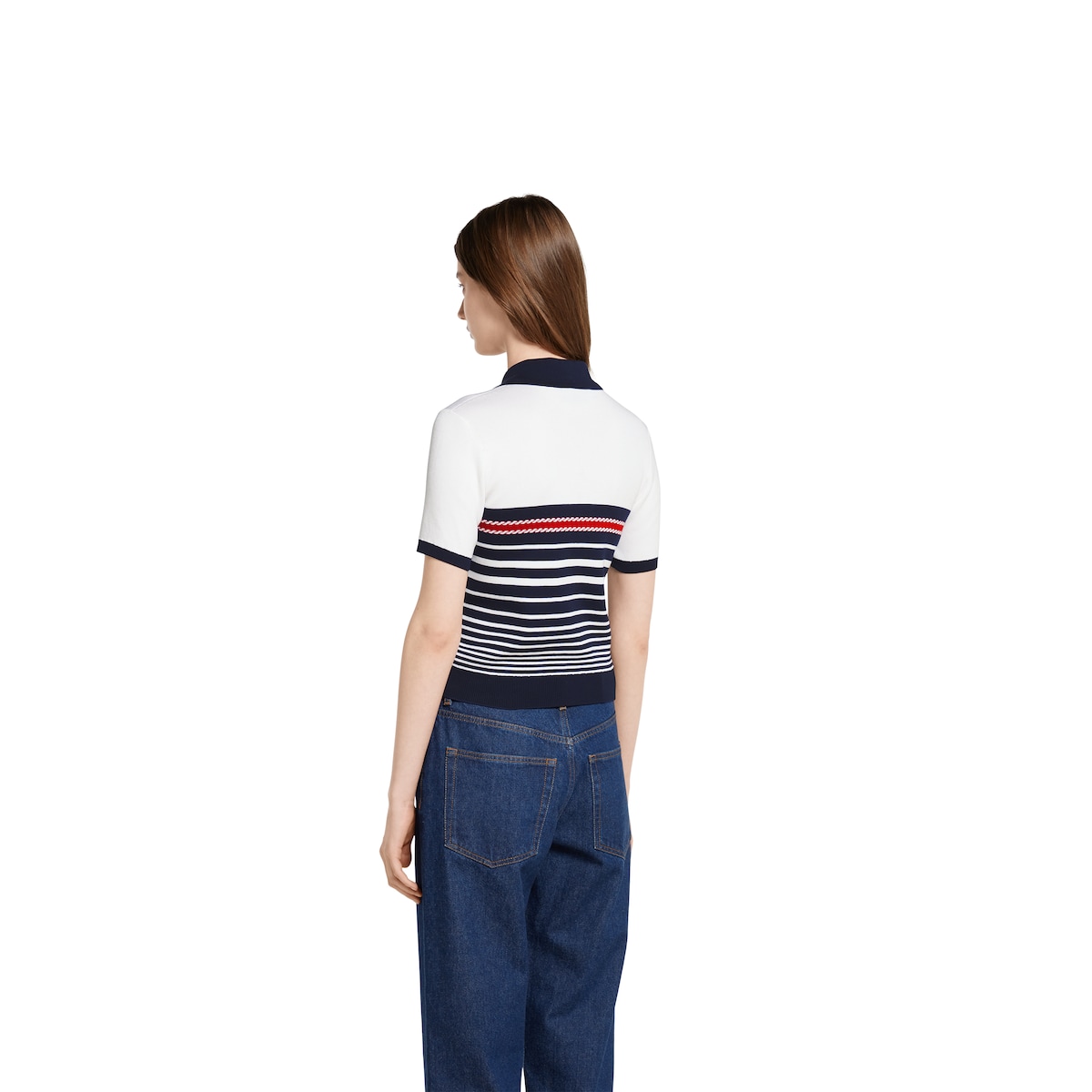 Cotton stitch polo top with intarsia in off white and blue