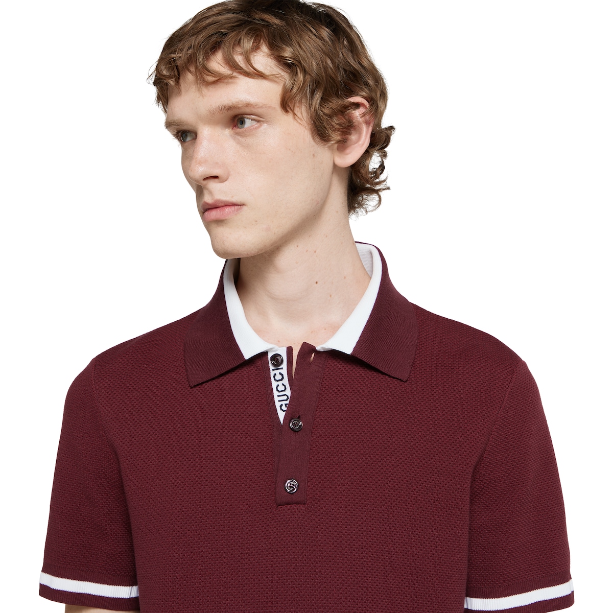 Cotton piquet polo shirt with intarsia in Gucci Rosso Ancora