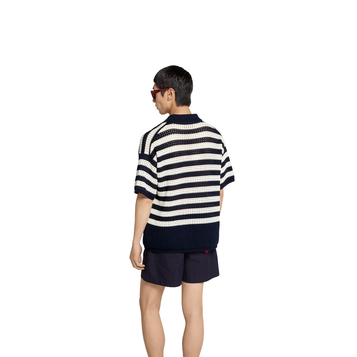 Striped cotton knit polo shirt in dark blue and white
