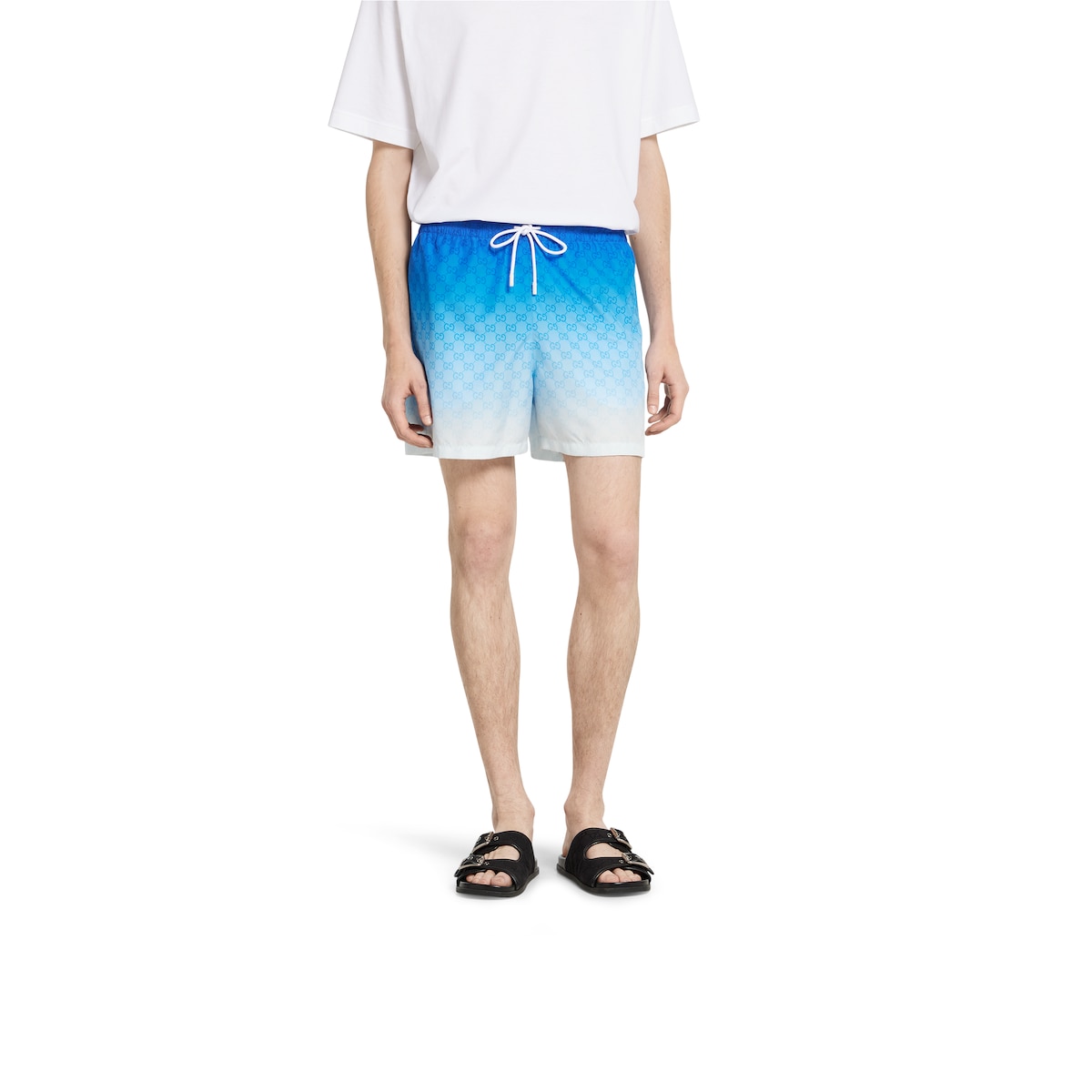 Printed technical poplin swim shorts in gradient blue