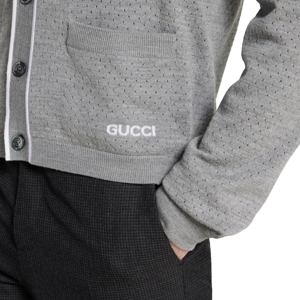 Fine wool knit cardigan with intarsia in grey | GUCCI® IT