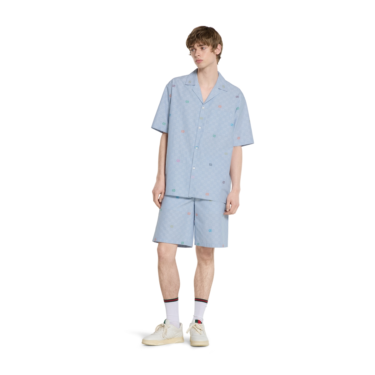 Striped cotton bowling shirt in light blue and white | GUCCI® US