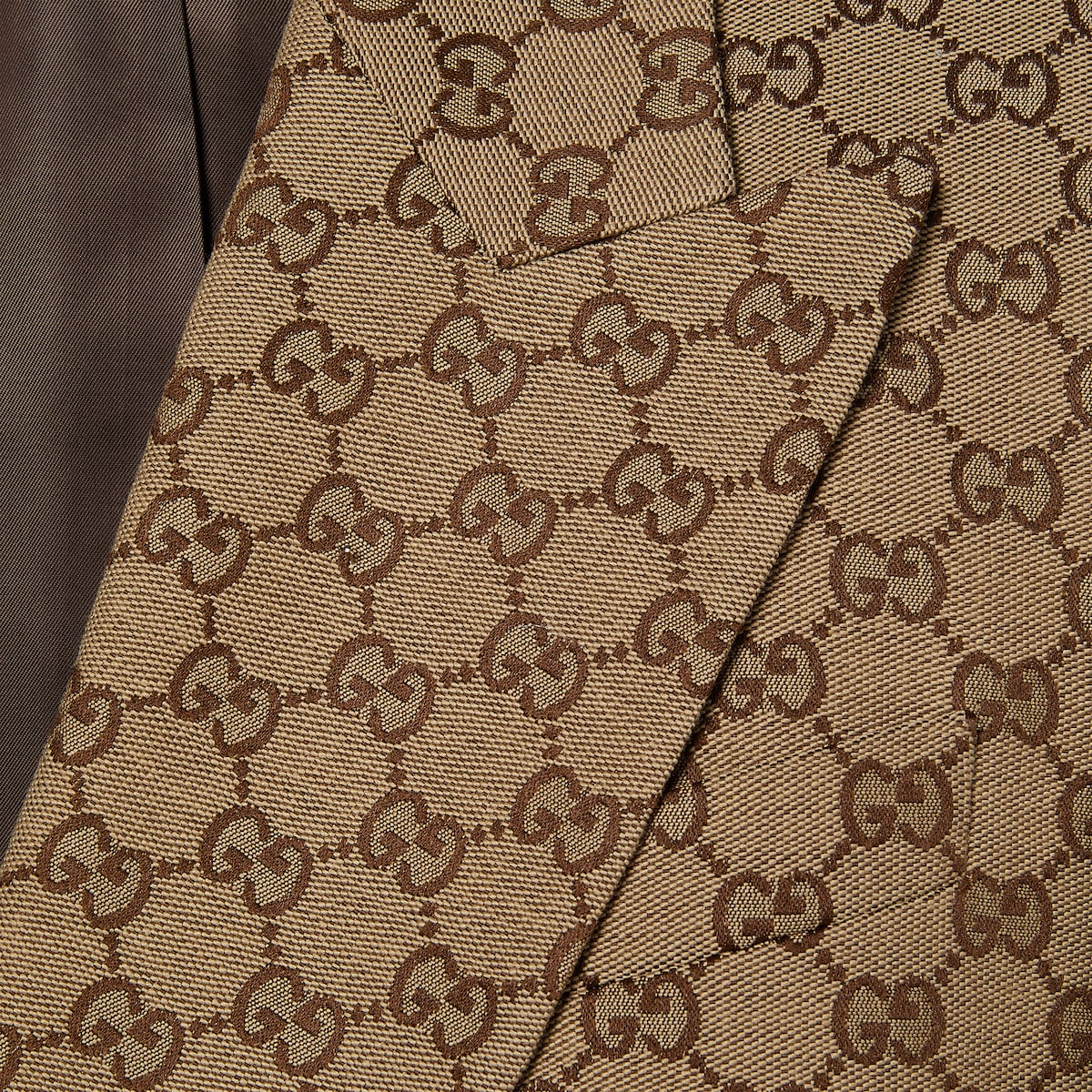 Double-breasted GG canvas jacket in camel and ebony