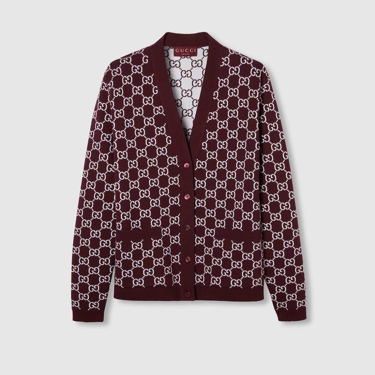 Reversible GG wool jacquard cardigan in bordeaux and white | GUCCI® ES