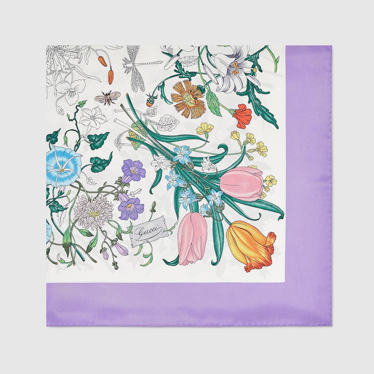 Printed Flora silk twill carré in white and lilac | GUCCI® SI