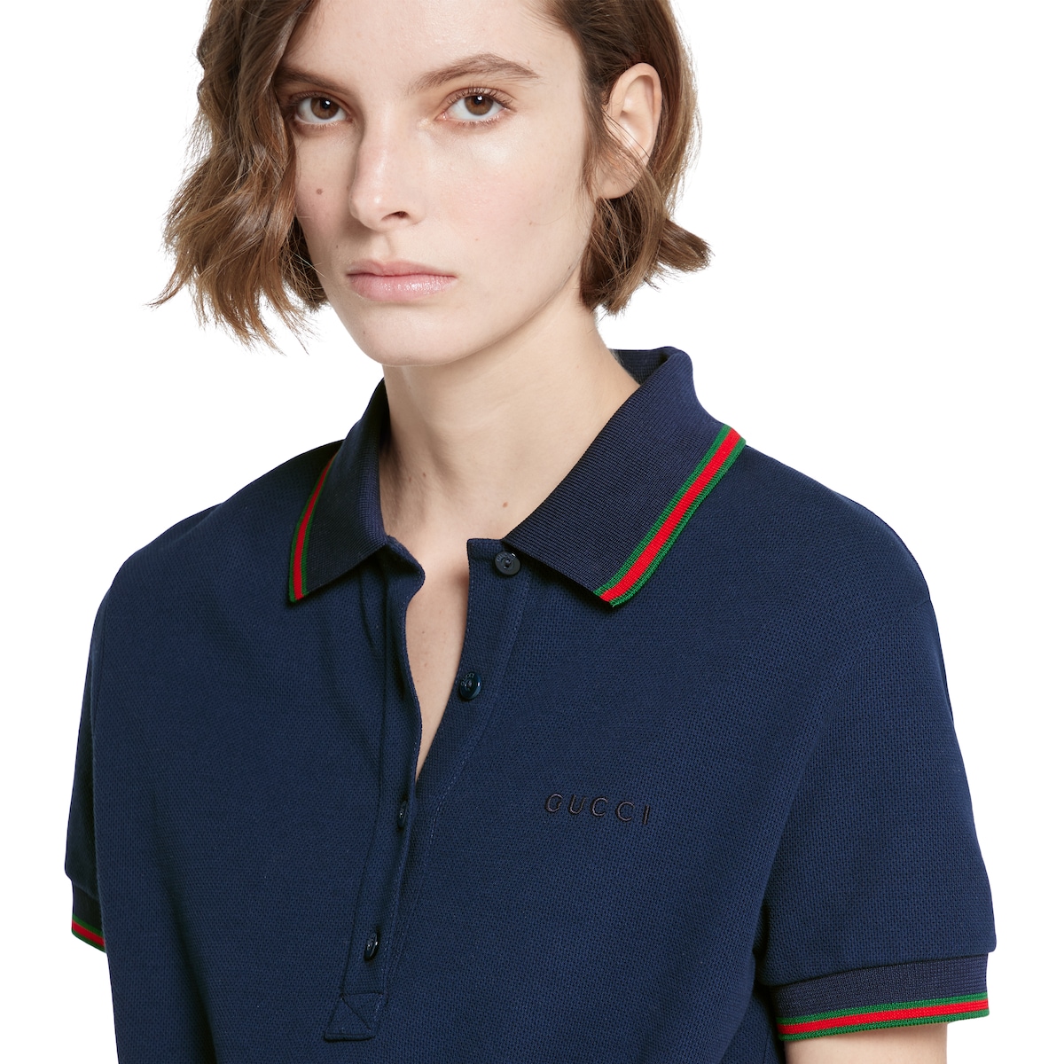 Cotton piquet polo dress with Web in dark blue | GUCCI® US