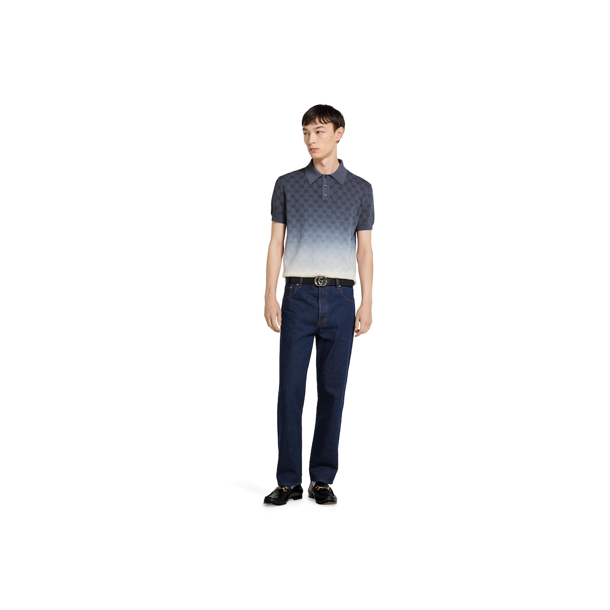 GG cotton knit jacquard polo shirt in gradient dark blue to