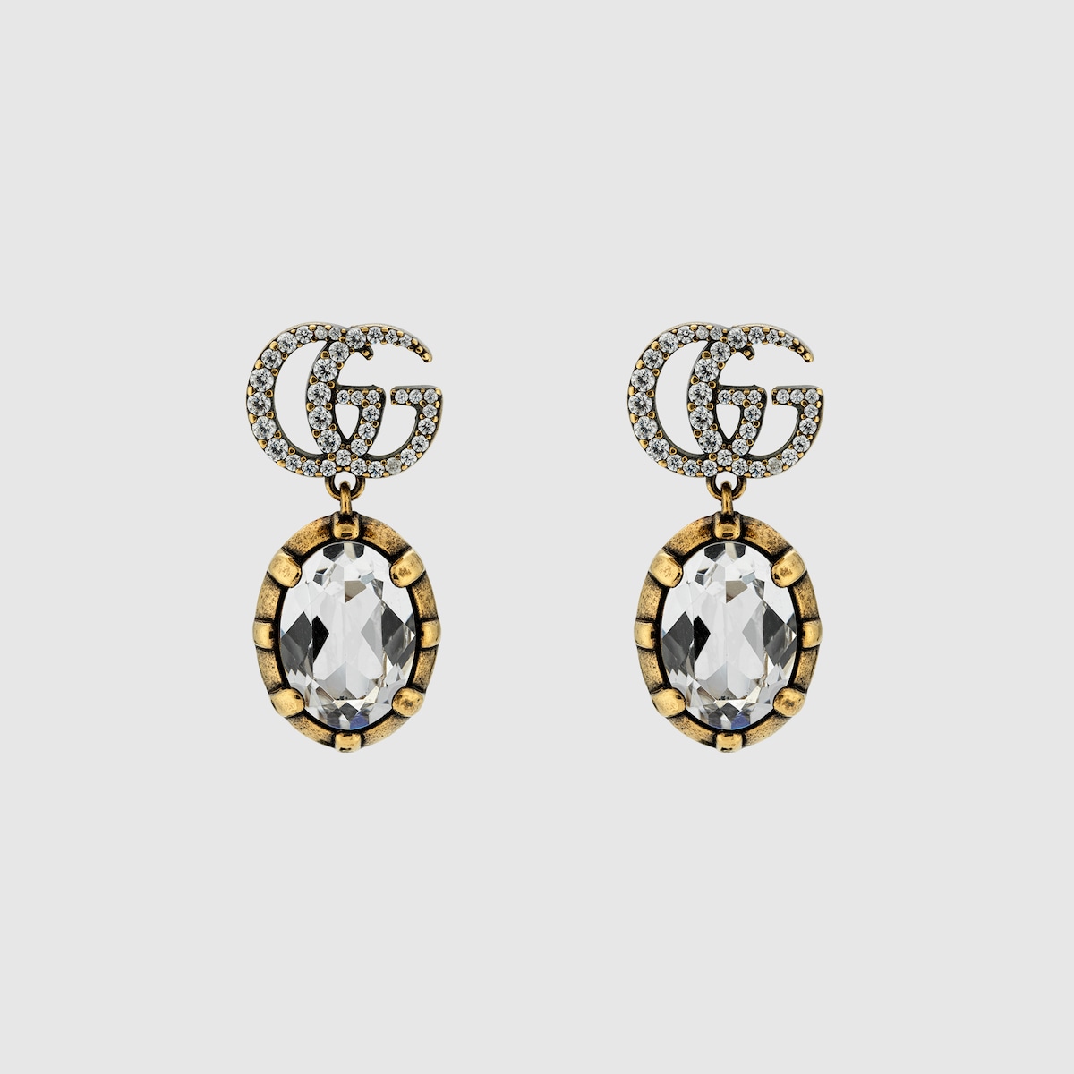 GG Marmont crystal earrings in aged gold metal | GUCCI® US