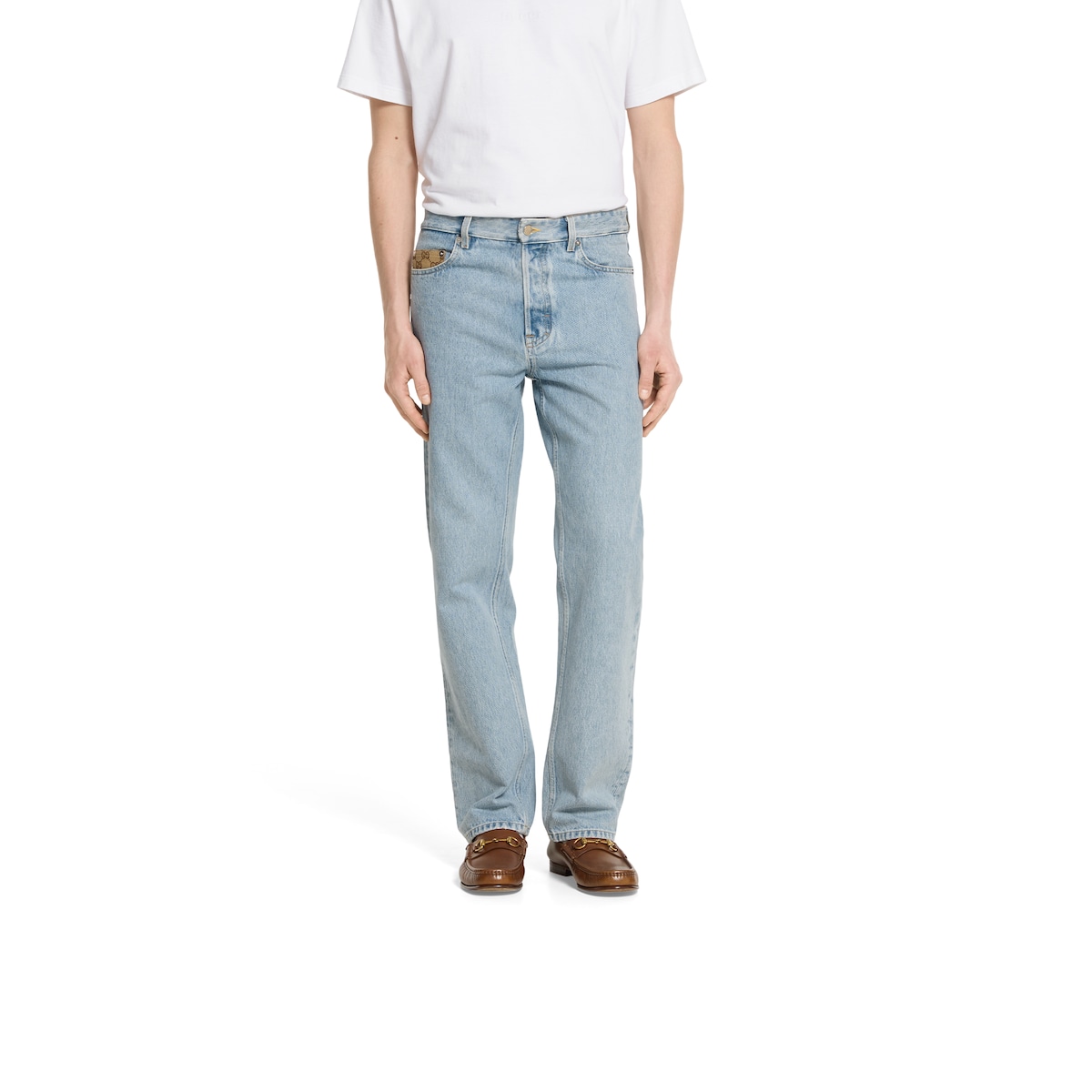 Washed denim pant with GG insert in light blue | GUCCI® US