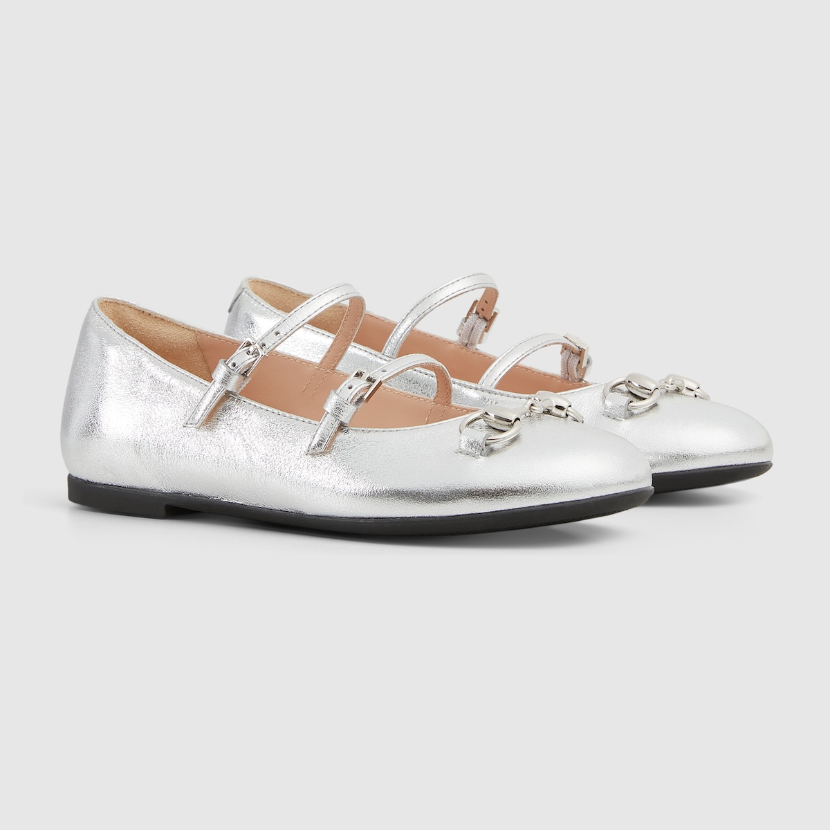 Children's ballet flat with Horsebit in silver metallic leather - thumbnail 3