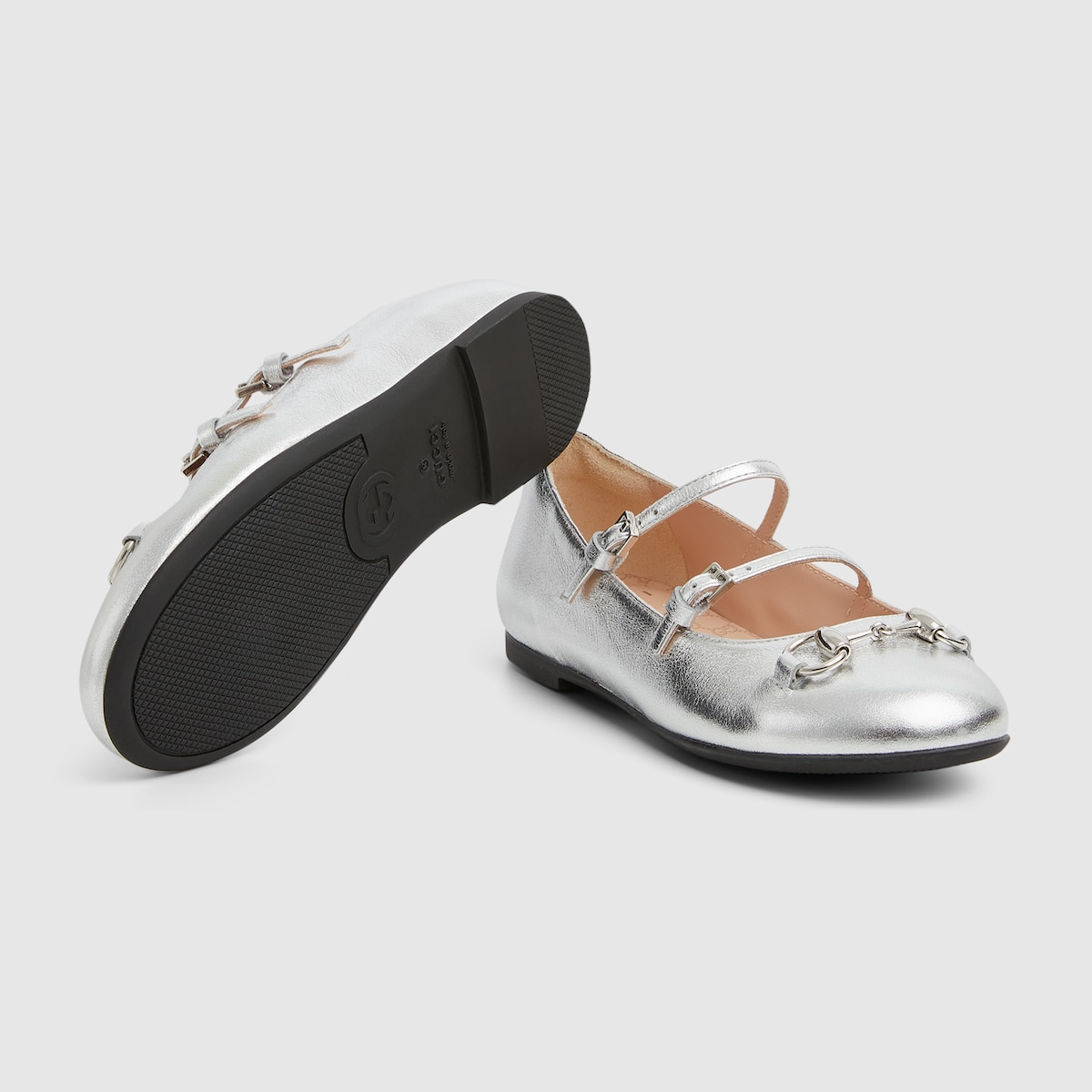 Children's ballet flat with Horsebit in silver metallic leather - thumbnail 2